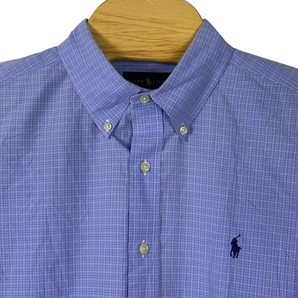 Ralph Lauren Button Down‎ Shirt Men XL Blue Micro Check Classic Fit Pony Preppy